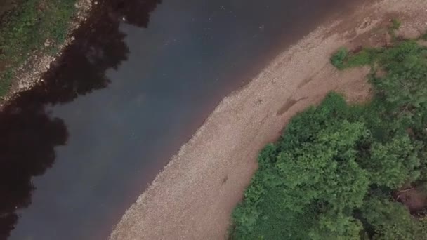 View of river and stony ground riversides near shrubs, grass and trees, and company of tourists standing on the riverside in summer day. Stock footage. Picturesque view from above of Russian nature — Stock Video