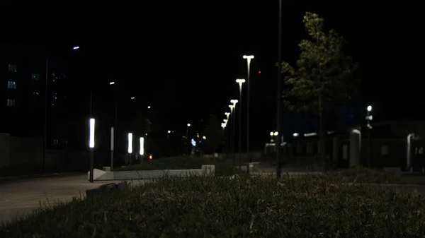 Eine Laterne brennt in der Nacht an einem Mast im Park. Archivmaterial. Moderne Laterne leuchtet nachts im Park — Stockfoto