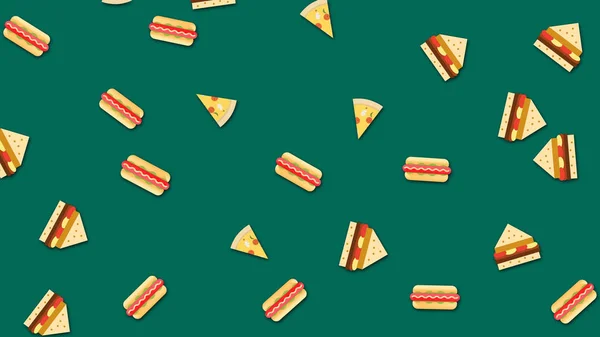 Różne fast food latające na zielonym tle, płynna pętla. Animacja. Kawałki pizzy z kreskówek, hot dogi i kanapki kołyszące się chaotycznie. — Zdjęcie stockowe