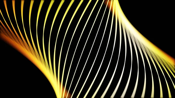 Abstraktní žluté neonové čáry kroutící se ve spirálním tunelu na černém pozadí, bezešvé smyčky. Animace. 3D barevné úzké kroucené čáry pohybující se pomalu. — Stock fotografie