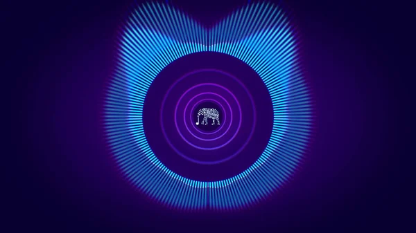 다채 로운 음파 원을 그리는 추상적 인 애니메이션으로 중앙에는 코끼리가 살아 있는 네온 실루엣이 붙어 있다. 애니메이션. 음악, 컴퓨터 계산 및 애니메이션을 위한 오디오 스펙트럼 시뮬레이션. — 스톡 사진