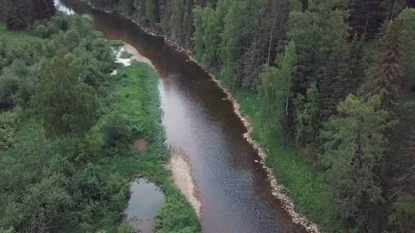 Schöner russischer Fluss in der Nähe des Mischwaldes, Sträucher, Blumen und Bäume vor blauem bewölkten Himmel an Sommertagen. Archivmaterial. malerischer Blick von oben auf die russische Natur — Stockfoto