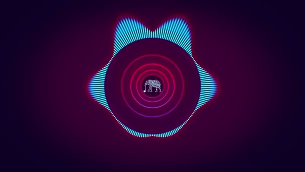 Animation abstraite d'égaliseur de cercle d'onde sonore coloré avec silhouette néon animée d'éléphant au centre. Animation. Simulation du spectre audio pour la musique, le calcul informatique et l'animation . — Video