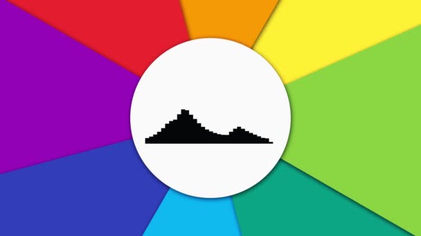 カラフルな回転虹の背景に白い円の中心に黒イコライザーの抽象的なアニメーション。音楽、コンピュータ計算、未来、広告、アニメーションのためのオーディオスペクトルシミュレーション. — ストック動画