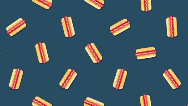 Abstrakte, bunte Hot-Dogs-Hintergrundvideoclip-Bewegung in einer sich nahtlos wiederholenden Endlosschleife. Animation. schöne Cartoon-Animation auf buntem Hintergrund. — Stockvideo