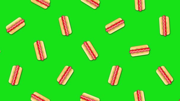 Abstracte animatie van mooie cartoon achtergrond met een groot aantal kleine geanimeerde hotdogs beelden. Mooie cartoon animatie op kleurrijke achtergrond. — Stockvideo