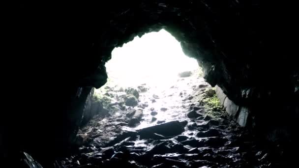 Exit van Dark Rocky Cave. Stock footage. Fel licht bij het verlaten van de rotsachtige grot bedekt met duisternis in vocht. Vochtigheid en vocht in grotten in bewolkt weer — Stockvideo