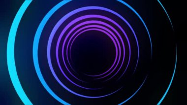 Soyut ışık tünel siyah arka plan, sorunsuz döngü üzerinde renkli hareketli halkalar tarafından oluşturulan. Animasyon. Mavi ve mor neon daireler farklı hızda döner.