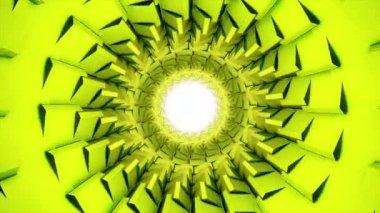 Merkezinde beyaz ışık olan, kusursuz döngülü, soyut, dönen parlak bir tünel. Animasyon. Dönen keskin köşeleri ve dinamik arka planı olan açık yeşil renkli alışılmadık bir tünel..