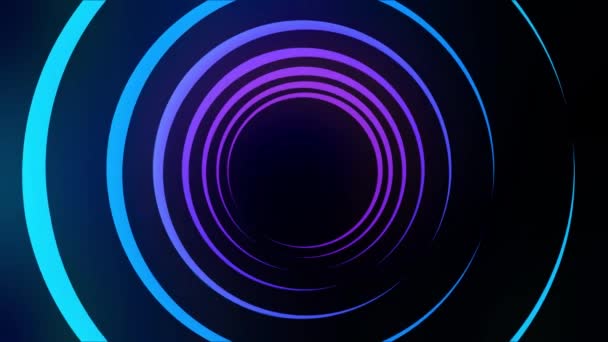 Abstract Lichttunnel gevormd door kleurrijke bewegende ringen op zwarte achtergrond, naadloze lus. Animatie. Blauwe en paarse Neon cirkels die met verschillende snelheden draaien. — Stockvideo