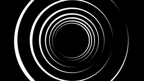 Zwart-wit oneindige tunnel van cirkels beweegt langzaam op zwarte achtergrond. Animatie. Vliegen door monochrome tunnel van ringen, naadloze lus. — Stockvideo