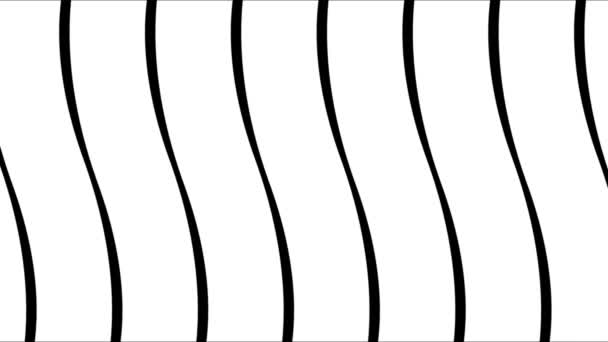 Abstraction avec de simples lignes ondulées plates blanches se rétrécissant sur fond noir. Animation. Rayures bleues cintrées, surface abstraite ondulée mouvante et changeante, monochrome .