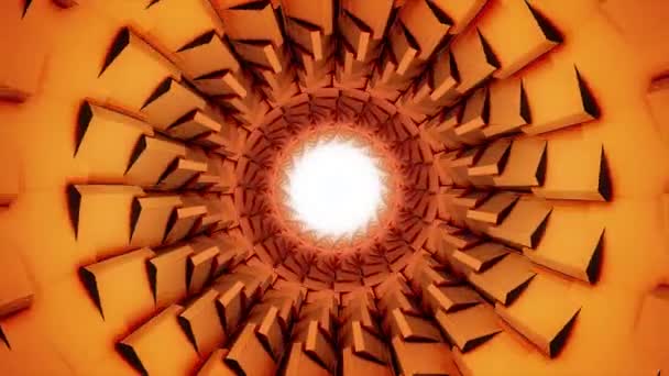 Tunnel lumineux rotatif abstrait avec la lumière blanche en son centre, boucle transparente. Animation. Tunnel inhabituel de couleur orange avec des coins pointus, fond dynamique .