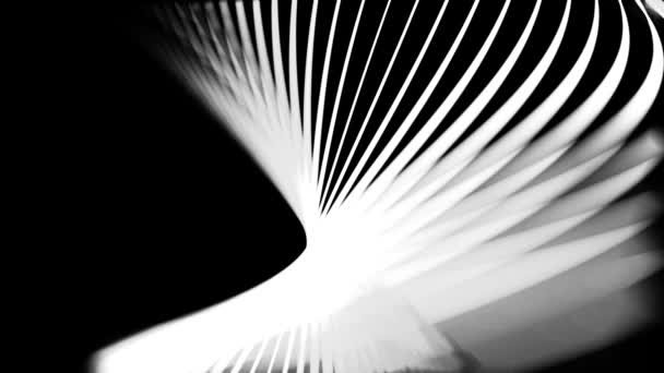 Lignes courbes blanches abstraites en rotation lente sur fond noir, boucle transparente. Animation. Belles bandes fluo de flexion filant avec effet 3D, monochrome .