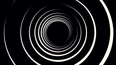 Siyah ve beyaz sonsuz sonsuz daire tüneli siyah arka plan üzerinde yavaşça hareket ediyor. Animasyon. Halkaların tek renkli tünel üzerinden uçan, sorunsuz döngü.