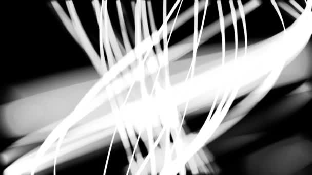 Beautiful neon white narrow curved lines rotating and flowing slowly on black background, seamless loop. Animation. Monochrome glowing stripes spinning and forming a tube. — Stock Video