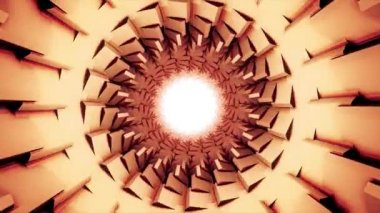 Kabuğunun dönen parçalarıyla sonsuz hareket halinde siber tünelin içinde uçmak, 3d etkisi. Animasyon. Beyaz ışık parlak daire ile nefes kesen kırmızı tüp içinde görünümü.