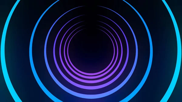 Abstract Lichttunnel gevormd door kleurrijke bewegende ringen op zwarte achtergrond, naadloze lus. Animatie. Blauwe en paarse Neon cirkels die met verschillende snelheden draaien. — Stockfoto