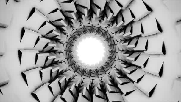 Abstract travel inside black and white tube with spinning geometric figures as its shell, seamless loop. Animation. Monochrome 3D tunnel with the bright light at the end of it. — Stock Video