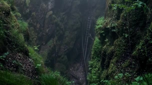 Destroyed suspension bridge in mountains. Stock footage. Stairs that served as bridge in mountains collapsed and fell into gorge — Stock Video