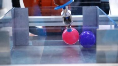 Robotik makine el küçük plastik çok renkli topları taşınması yakın çekim. Medya. Robotik Forumu sergisinde farklı çalışan robotlar koleksiyonu sunuldu