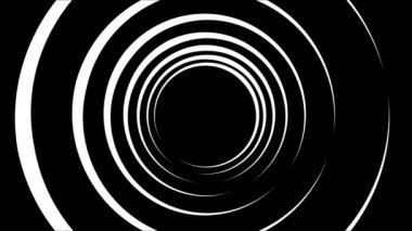 Hareketli halkalarla oluşan siyah beyaz tünelin soyut animasyonu. Animasyon. Farklı hızda dönen dairelerin siyah ve beyaz soyutlanması.
