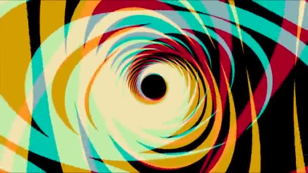 Abstração de espirais multicoloridas brilhantes girando em túnel hipnótico em diferentes planos sobre fundo preto. Animação. Clipe de vídeo de movimento de pano de fundo de alta definição — Vídeo de Stock