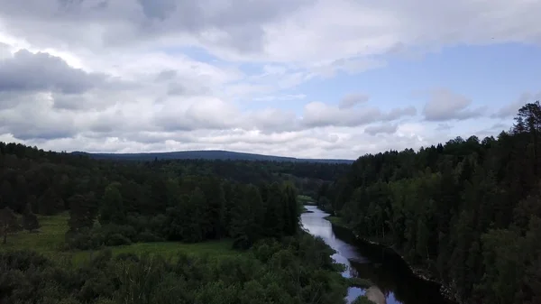 Beskåda på jämnt av trä överbryggar över skog floden. Stock film. Top vy över hängande träbro för turister korsar Forest River — Stockfoto
