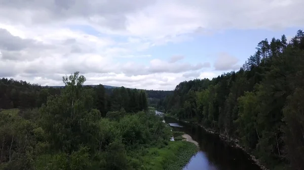 Blick auf Höhe der Holzbrücke über den Waldfluss. Archivmaterial. Blick von oben auf die Holzhängebrücke für Touristen über den Waldfluss — Stockfoto