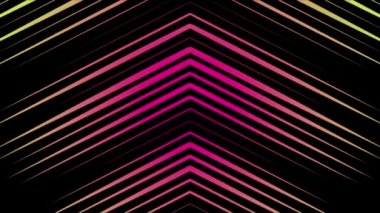 Siyah arka plan üzerinde dönen çok renkli neon üçgenler güzel hipnotik soyutlama. Animasyon. Neon çok renkli geometrik şekiller ve çizgiler animasyon
