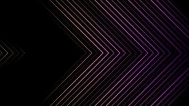 Siyah arka plan üzerinde sağa doğru hareket eden neon üçgenlerden oluşan çok renkli işaretçilerin soyut animasyonu. Animasyon. Neon çok renkli geometrik şekil ler ve çizgiler