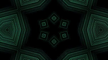 Dizi çok renkli grafik süsleri desenleri siyah arka plan üzerinde dönen soyut animasyon. Animasyon. Soyut çok renkli neon grafik ile hipnotik kaleydoskop.