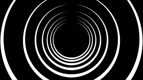 Абстрактна анімація чорно-білого тунелю, утвореного рухомими кільцями. Анімація. Чорно-біла абстракція кіл, що обертаються з різною швидкістю . — стокове фото