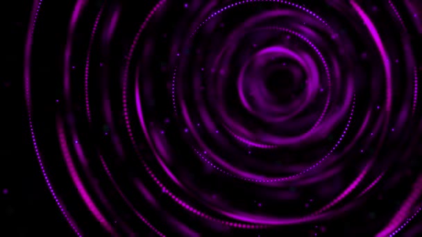 Animación abstracta de líneas de neón girando en un hermoso túnel de neón y partículas flotantes sobre el fondo negro. Animación. Túnel de luz de abstracción de círculos de brillo y partículas — Vídeo de stock