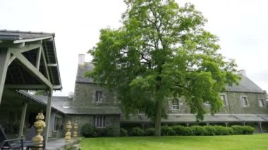 Yeşil çim ve ağaç ile malikane avlusu. Eylem. Yeşil ağaç eski taş malikane avlu süsler. Ülke ataları emlak