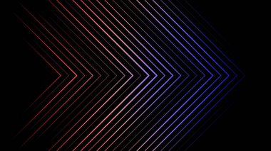 Siyah arka plan üzerinde sağa doğru hareket eden neon üçgenlerden oluşan çok renkli işaretçilerin soyut animasyonu. Animasyon. Neon çok renkli geometrik şekil ler ve çizgiler