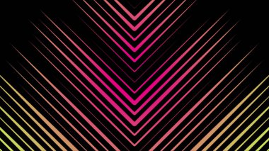 Siyah arka plan üzerinde dönen çok renkli neon üçgenler güzel hipnotik soyutlama. Animasyon. Neon çok renkli geometrik şekiller ve çizgiler animasyon