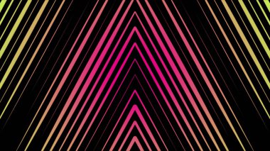 Siyah arka plan üzerinde dönen çok renkli neon üçgenler güzel hipnotik soyutlama. Animasyon. Neon çok renkli geometrik şekiller ve çizgiler animasyon