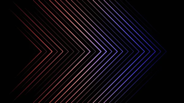 Animazione astratta di puntatori multicolori costituiti da triangoli al neon che si muovono verso destra sullo sfondo nero. Animazione. Linee e forme geometriche multicolori al neon — Foto Stock