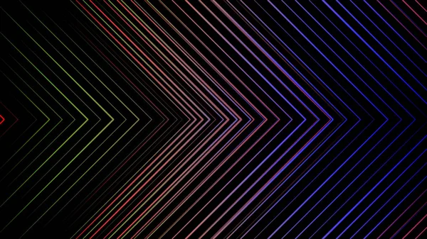 여러 가지 색상의 네온 삼각형의 아름다운 추상화는 혼란스럽게 검은 배경에 이동합니다. 애니메이션. 네온 멀티 컬러 기하학적 모양과 라인 애니메이션 — 스톡 사진