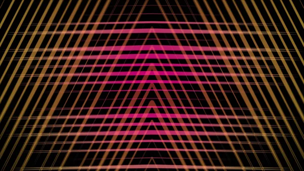多色霓虹灯三角形在黑色背景上旋转的精美催眠抽象。动画。霓虹灯多色几何形状和线条动画 — 图库照片