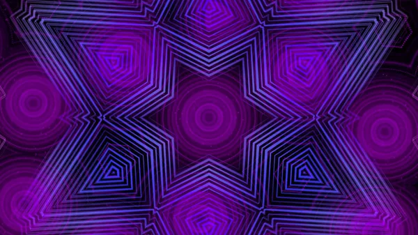 Hypnotické barvité neonové elementy a částice otáčející se v kaleidoskopu. Animace. Abstraktní kaleidoskop s fraktálním barevným pozadím pohybu a abstraktními mnohobarevnou neonové grafikou — Stock fotografie