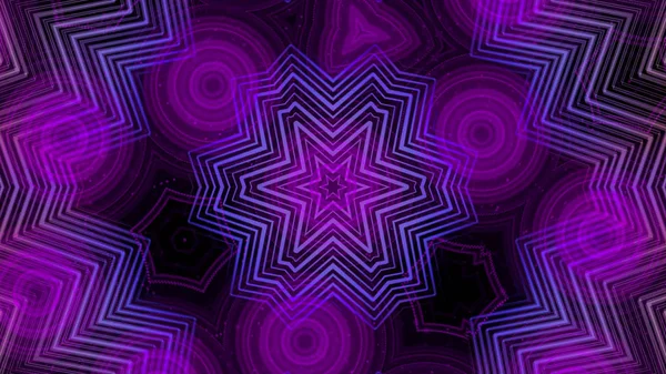 Hypnotické barvité neonové elementy a částice otáčející se v kaleidoskopu. Animace. Abstraktní kaleidoskop s fraktálním barevným pozadím pohybu a abstraktními mnohobarevnou neonové grafikou — Stock fotografie