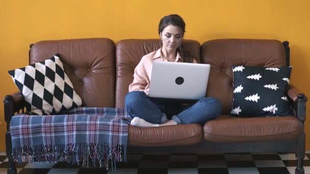 ピンクのシャツとジーンズを着た若い笑顔の女性がソファに座り、ラップトップ上でインターネットで仕事やサーフィンをするクローズアップ。ストック映像。自宅でフリーランサー — ストック動画