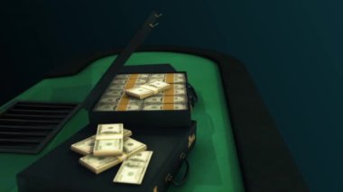 Yeşil kapak ve metal kafes ile masanın üzerinde yatan kombinasyon kilidi ve dolar yığınları ile üç siyah bavul animasyon. Animasyon. Koyu arka plan, 4k, 3d animasyon oluşturulan