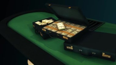 Yeşil kapak ve metal kafes ile masanın üzerinde yatan kombinasyon kilidi ve dolar yığınları ile üç siyah bavul animasyon. Animasyon. Koyu arka plan, 4k, 3d animasyon oluşturulan