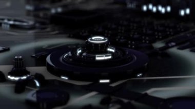 3d elektronik cihazın soyut animasyonu, krom siyah daireleri döndürme ve sistem kartında neon halkaları aydınlatan. Animasyon. Fütüristik teknoloji kavramları