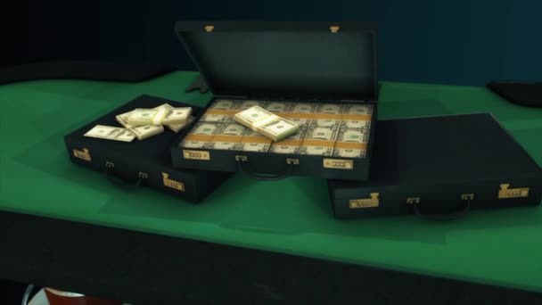 Animacja z trzech czarnych walizkach z blokiem kombinowanych i stosy dolarów leżącego na stole z zielonej pokrywy i metalu Latticework. Animacji. Ciemne tło, stworzone w 4K, animacja 3D — Wideo stockowe