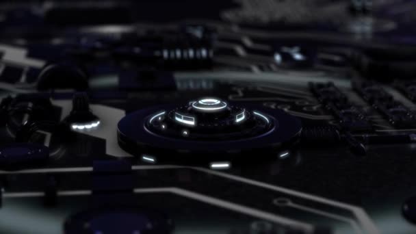 Animation abstraite du dispositif électronique 3d, des cercles noirs chromés rotatifs et des anneaux lumineux au néon sur la carte système. Animation. Concepts technologiques futuristes — Video