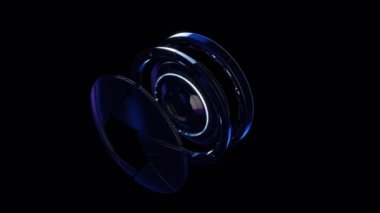 3d elektronik cihazın fütüristik soyutlama, siyah arka plan üzerinde bileşen parçaları içine parçalanıyor. Animasyon. Teknolojideki tekerleklerin merkezi görüntüsü. Siyah üzerinde ince mekanik parçalar.